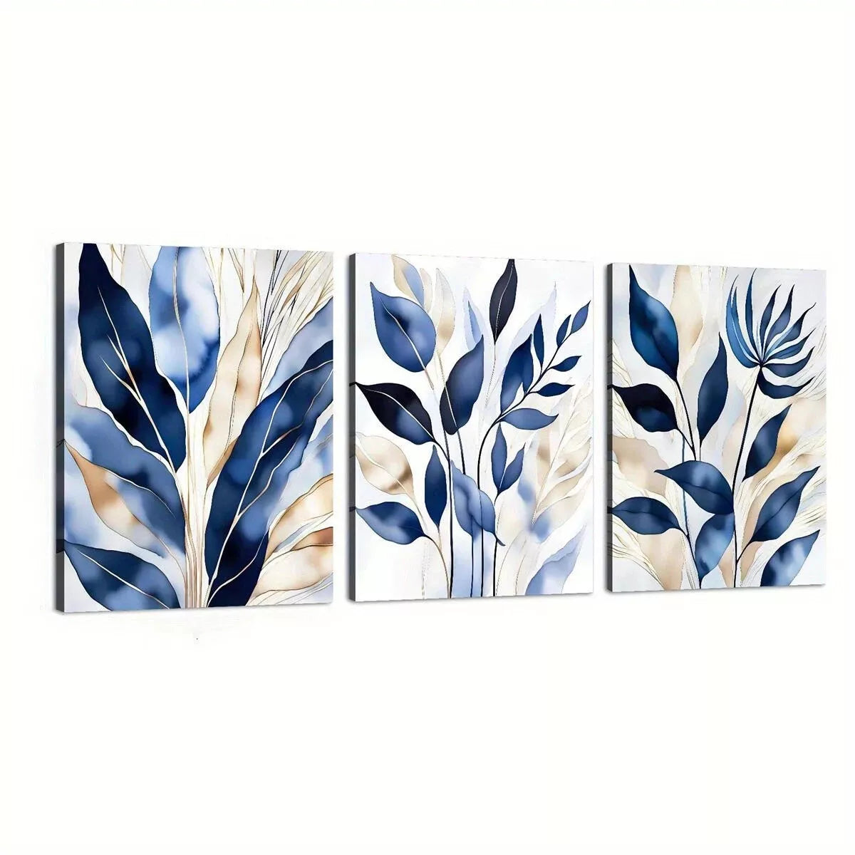 3pcs Botanical Abstract Elegant Blue Leaves Wall Art Set Canvas Framed 40x60cm - High Quality Print 100% Australian Made Wall Canvas Ready to Hang