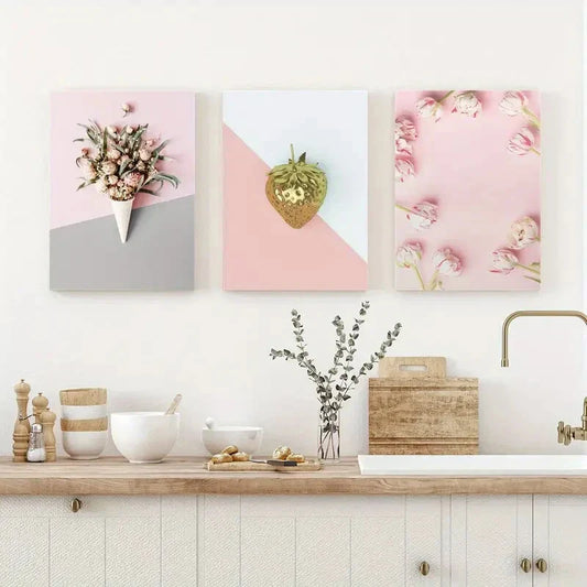 3pcs Sweet Pink Flowers, Golden Strawberry Fruit Metal Print Ready to Hang Art