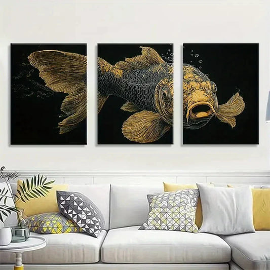 3pcs Golden Koi Fish Modern Asian Painting Metal Print Ready to Hang Art