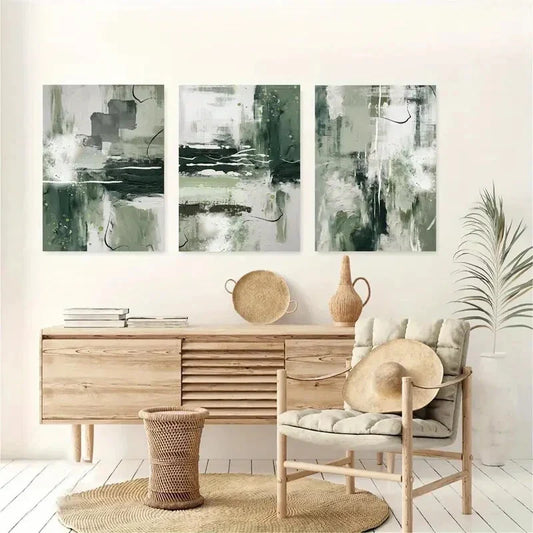3pcs Olive And Sage Green Abstract Paintings Metal Print Ready to Hang Art