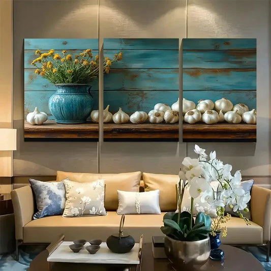 3pcs Rustic Garlic and Herb Kitchen Still Life Metal Print Ready to Hang Art