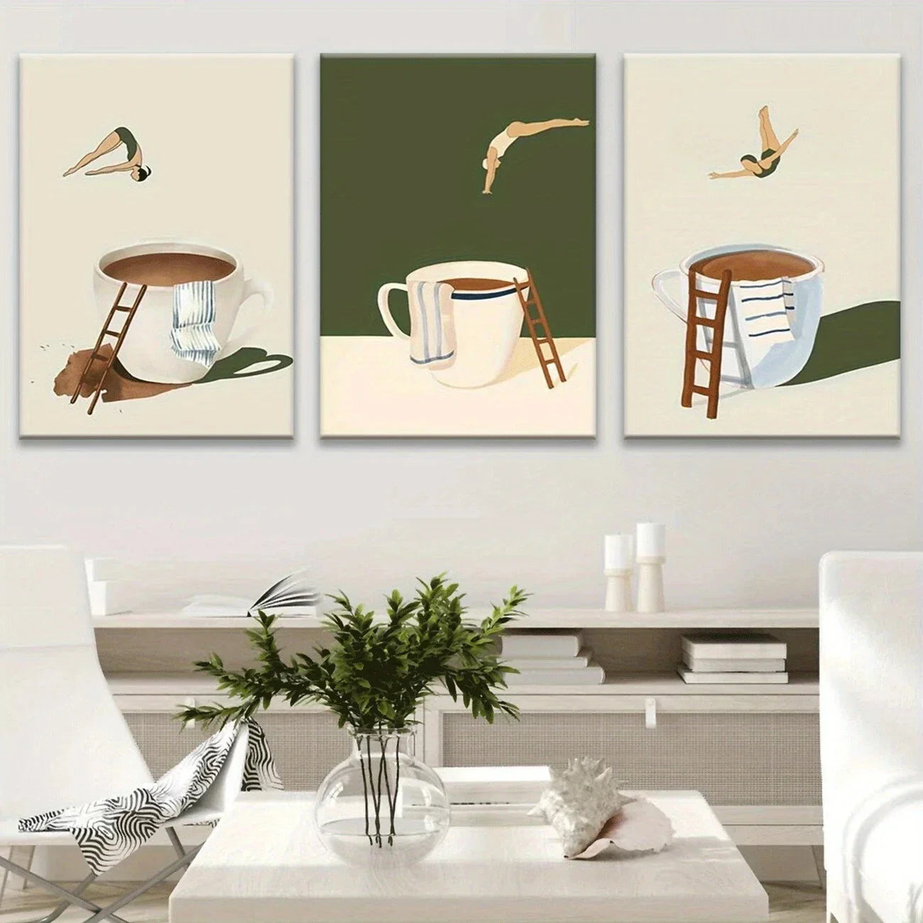 3pcs Geometric Abstract Coffee Cup Design Metal Print Ready to Hang Art