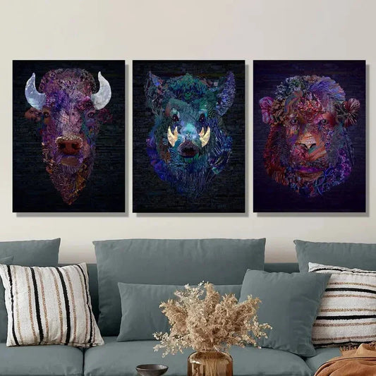 3pcs The Heads of Bulls, Wild Boars and Monkeys Metal Print Ready to Hang Art