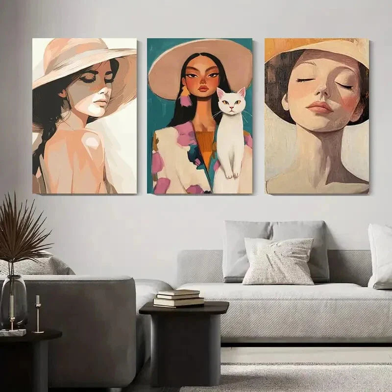 3pcs Modern Women with Hats & Cat, Chic Metal Print Ready to Hang Art