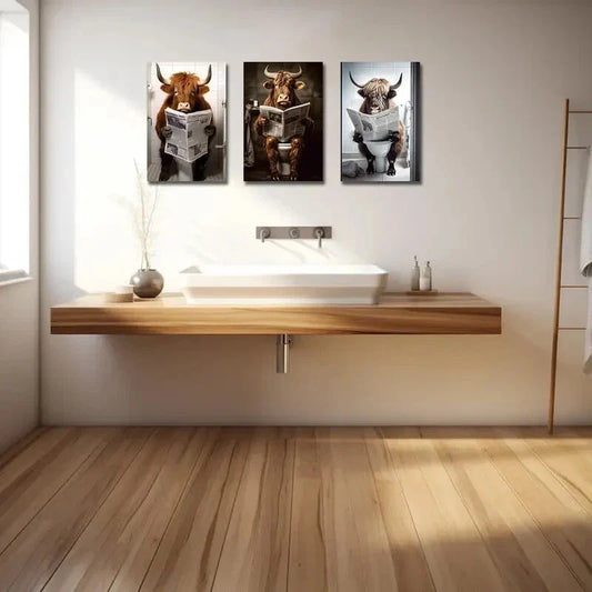 3pcs Highland Cow Sitting on Toilet Metal Print Ready to Hang Art