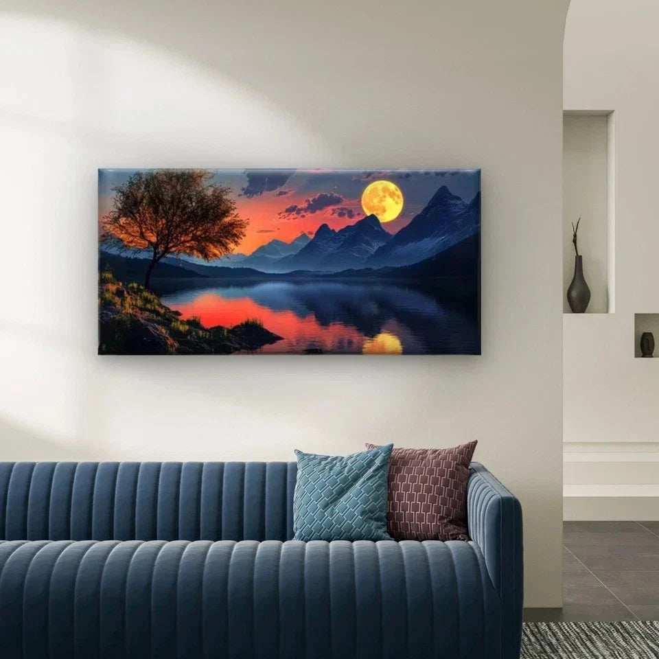 Mountain River Scene with Moon Wall Art Canvas Office Home Room Framed 80x45cm