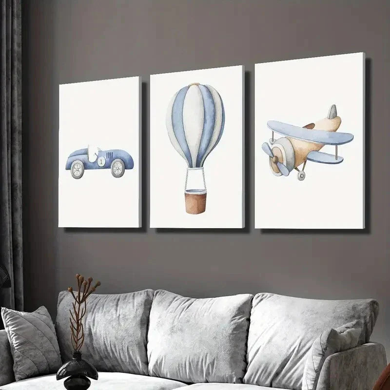 3pcs Cartoon vehicles, cars, hot air balloons Wall Art Set Canvas Framed 40x60cm - High Quality Print 100% Australian Made Wall Canvas Ready to Hang