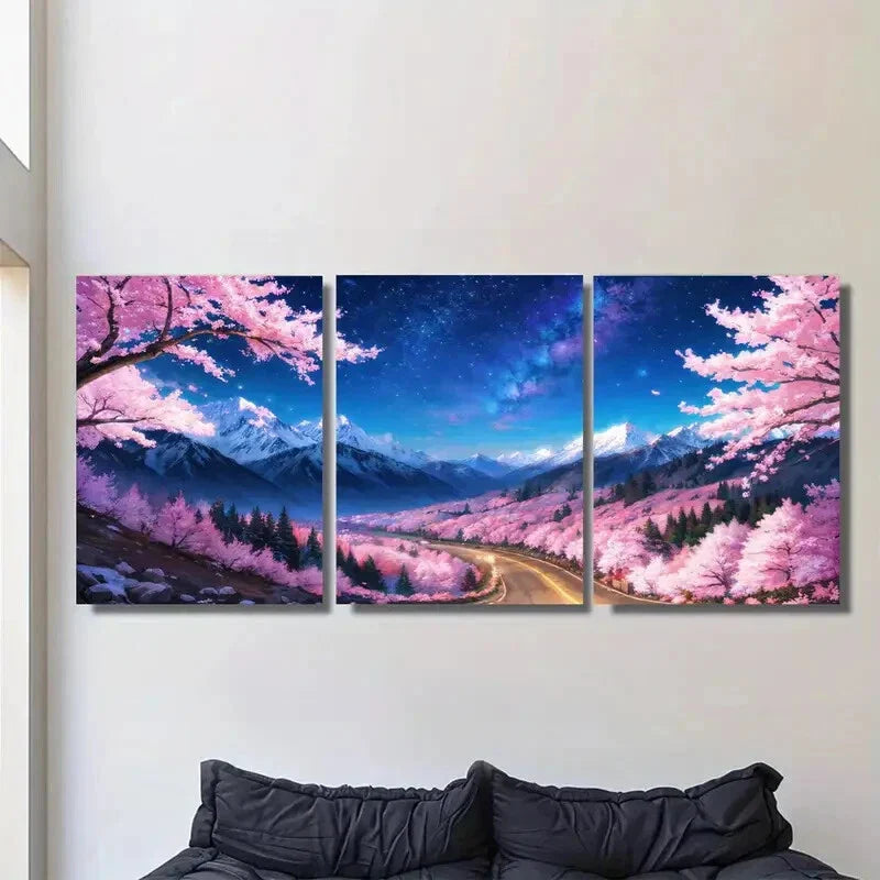 3pcs Starry Night Sky & Blooming Sakura Trees Metal Print Ready to Hang Art