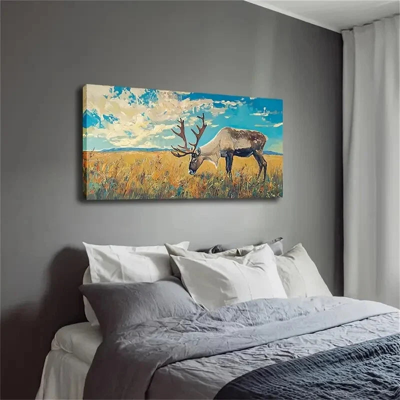 Elk Grazing On The Grassland Wall Art Canvas Office Home Room Framed 120x60cm