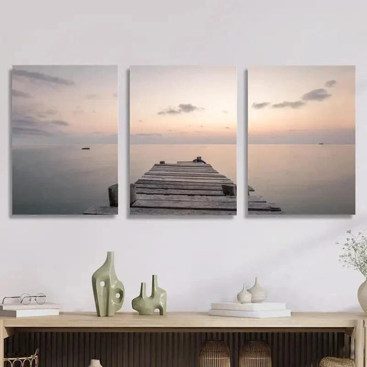 3pcs neutral coastal scenery, calm lake Metal Print Ready to Hang Art
