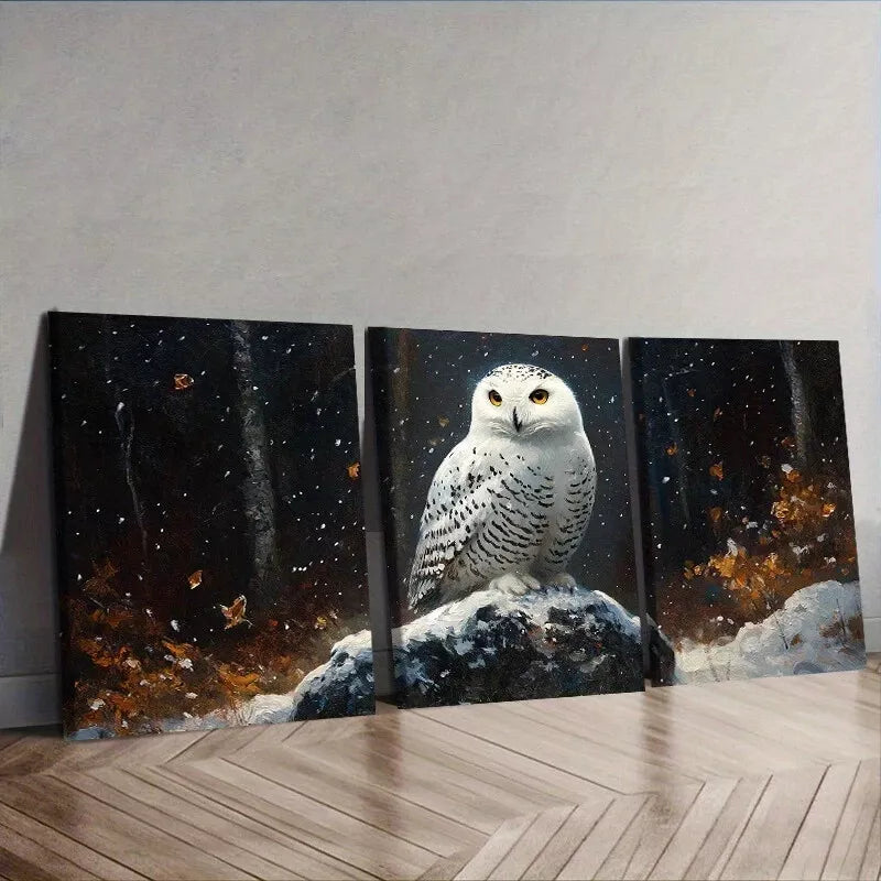 3pcs Snowy Owl in Forest Wall Art Set Canvas Framed 40x60cm - High Quality Print 100% Australian Made Wall Canvas Ready to Hang