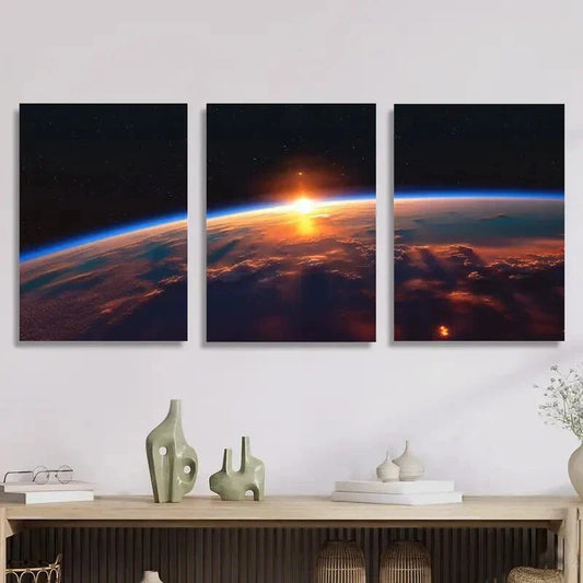 3pcs Sunrise on earth, cosmic space art Metal Print Ready to Hang Art