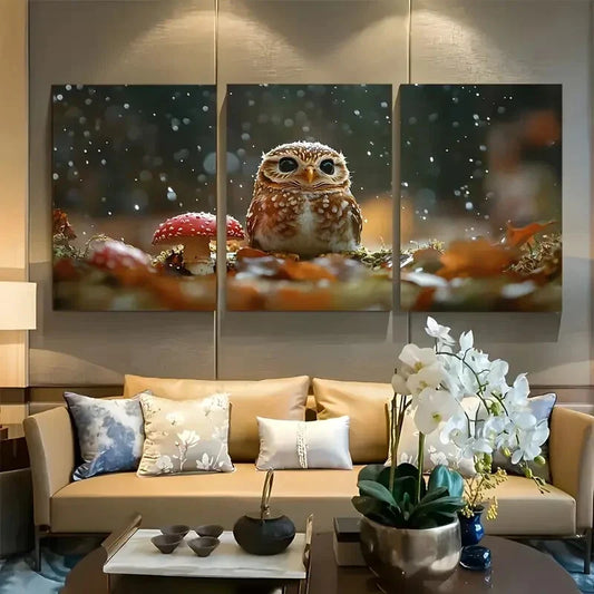 3pcs Adorable Owl Sheltered Under Red Mushroom Metal Print Ready to Hang Art