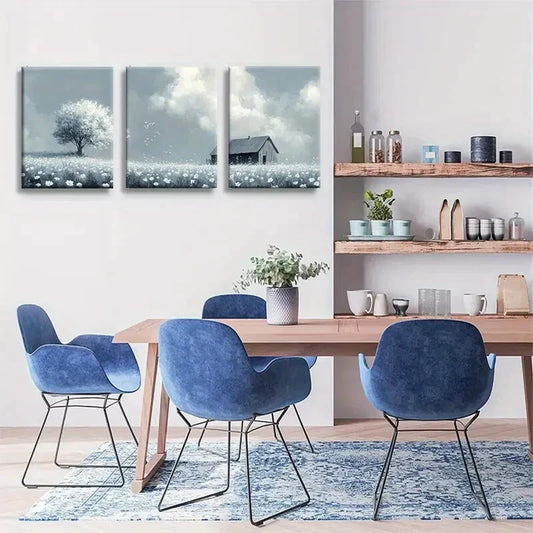 3pcs Countryside Barn Lone Tree Wildflower Field Metal Print Ready to Hang Art