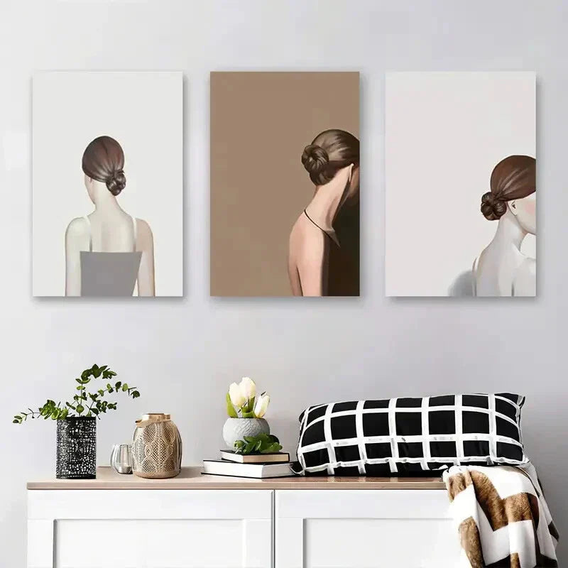 3pcs Simple Back Views of Women with Buns, Metal Print Ready to Hang Art