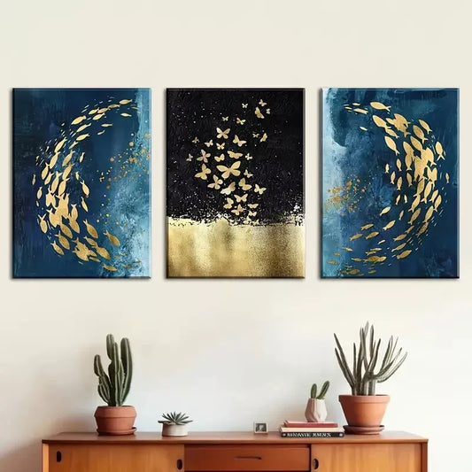 3pcs Abstract Style Fish and Butterfly Swarms Wall Art Set Canvas Framed 40x60cm - High Quality Print 100% Australian Made Wall Canvas Ready to Hang