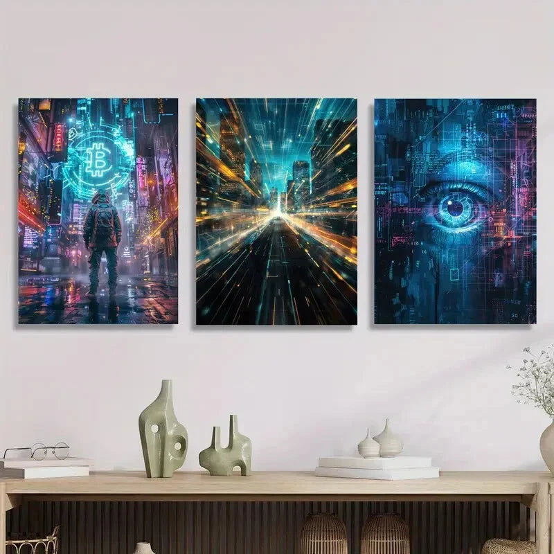 3pcs Depicting a Cyberpunk Futuristic Cityscape, Metal Print Ready to Hang Art