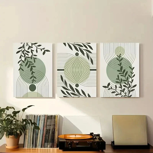 3pcs Green Light Grey Abstract Geometric Metal Print Ready to Hang Art