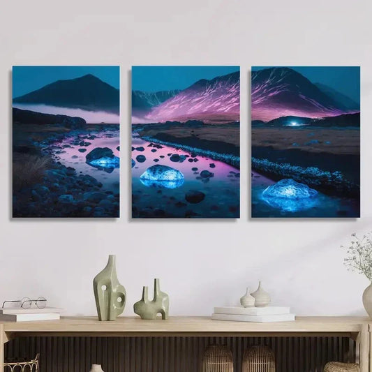 3pcs Beautiful River on The Horizon, Tranquil Metal Print Ready to Hang Art