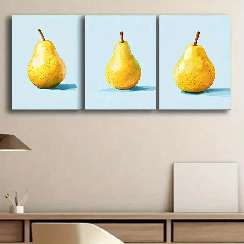 3pcs Vibrant Yellow Pear Design on Blue Background Metal Print Ready to Hang Art