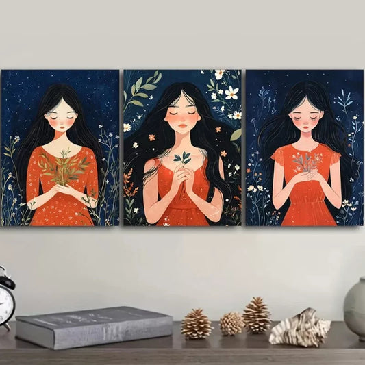 3pcs Flower Girl Prints Nature Flowers Wall Art Set Canvas Framed 40x60cm - High Quality Print 100% Australian Made Wall Canvas Ready to Hang