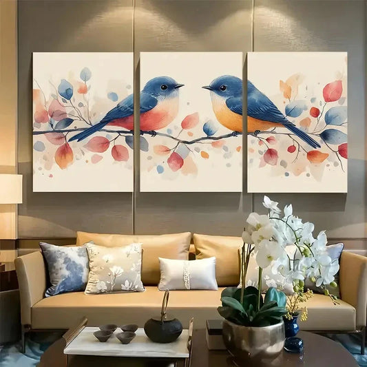3pcs Whimsy Birds on Branches Design Metal Print Ready to Hang Art