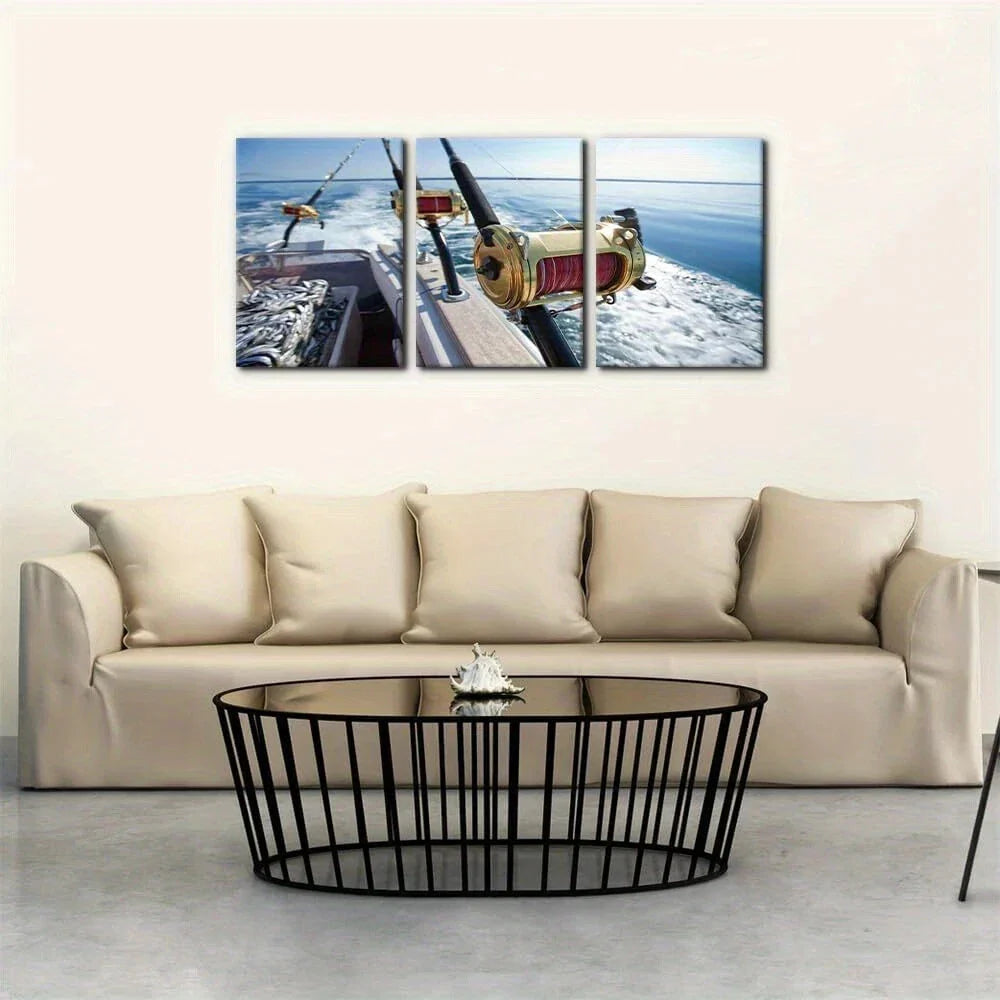 3pcs Fishing Reels and Rods White Sea Wave Metal Print Ready to Hang Art
