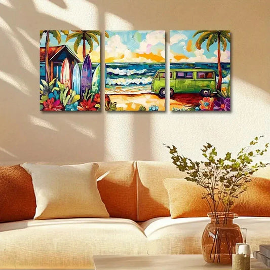 3pcs Colorful Surf Van & Palm Trees Design Metal Print Ready to Hang Art