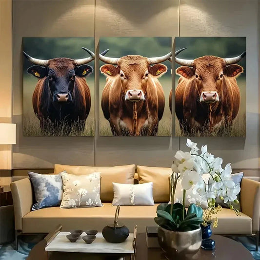 3pcs Texas Brown Longhorn Cattle Close Up Metal Print Ready to Hang Art