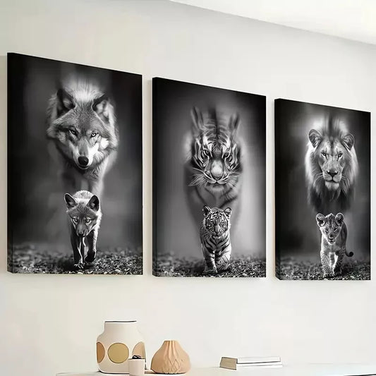 3pcs Black & White Wildlife Wolf, Tiger, Lion Wall Art Set Canvas Framed 40x60cm - High Quality Print 100% Australian Made Wall Canvas Ready to Hang