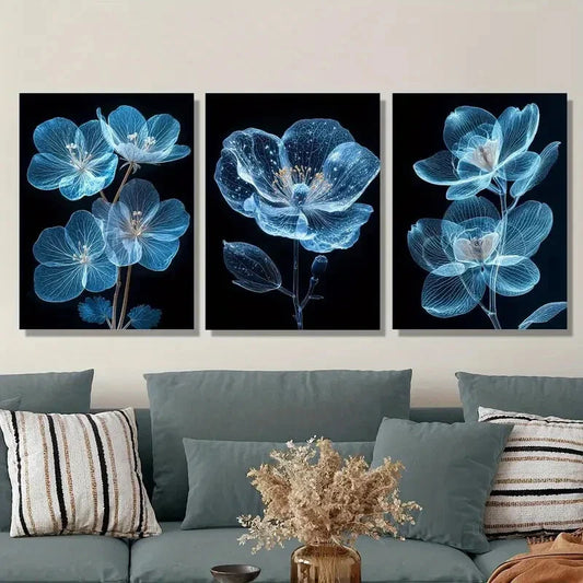 3pcs Portrait Bright Blue Flower Painting Metal Print Ready to Hang Art