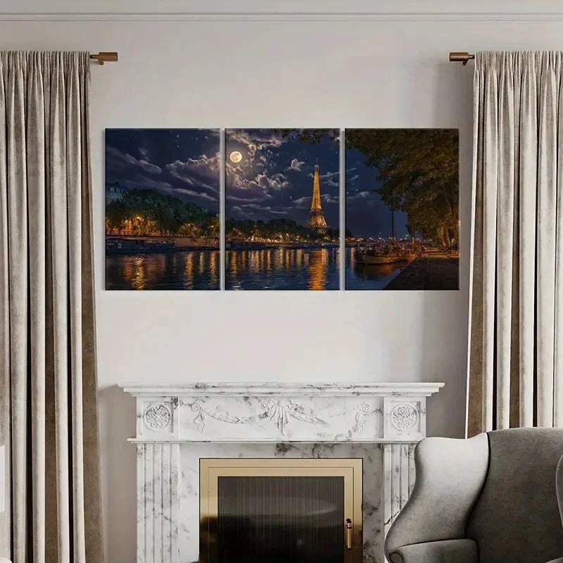3pcs Eiffel Tower Paris Night Moonlit Sky Metal Print Ready to Hang Art