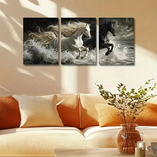 3pcs Dynamic Horse Racing Scene with Stormy Sky Metal Print Ready to Hang Art