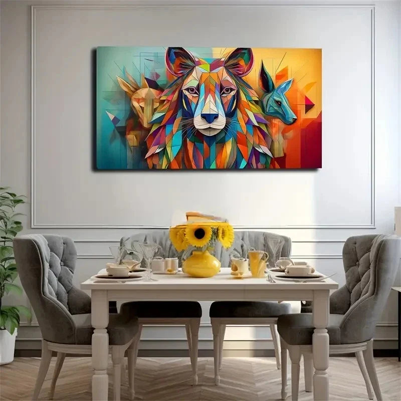 Vibrant Geometric Lion Wall Art Canvas Office Home Room Framed 80x45cm