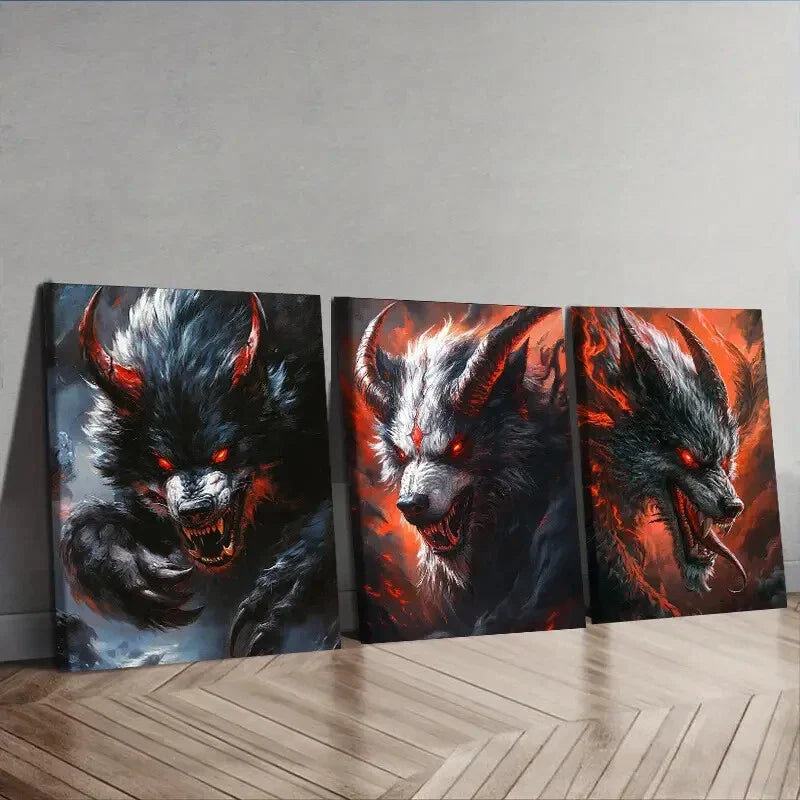 3pcs Dramatic Black & Orange Wolf Illustration Wall Art Set Canvas Framed 40x60cm - High Quality Print 100% Australian Made Wall Canvas Ready to Hang