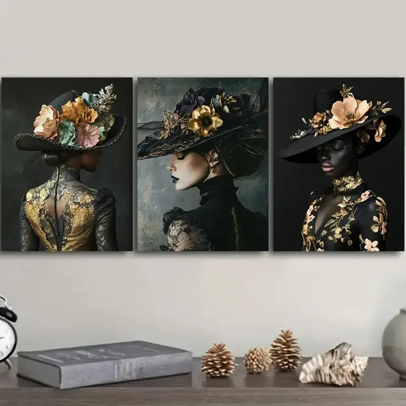 3pcs Floral Hat Girl Painting, Metal Print Ready to Hang Art