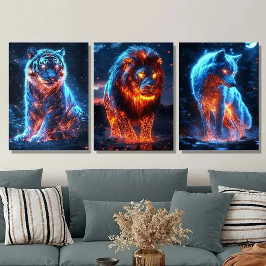 3pcs Neon wild animals, abstract Metal Print Ready to Hang Art