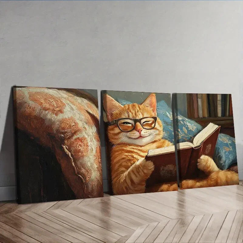 3pcs A cat reading on the couch Wall Art Set Canvas Framed 40x60cm - High Quality Print 100% Australian Made Wall Canvas Ready to Hang