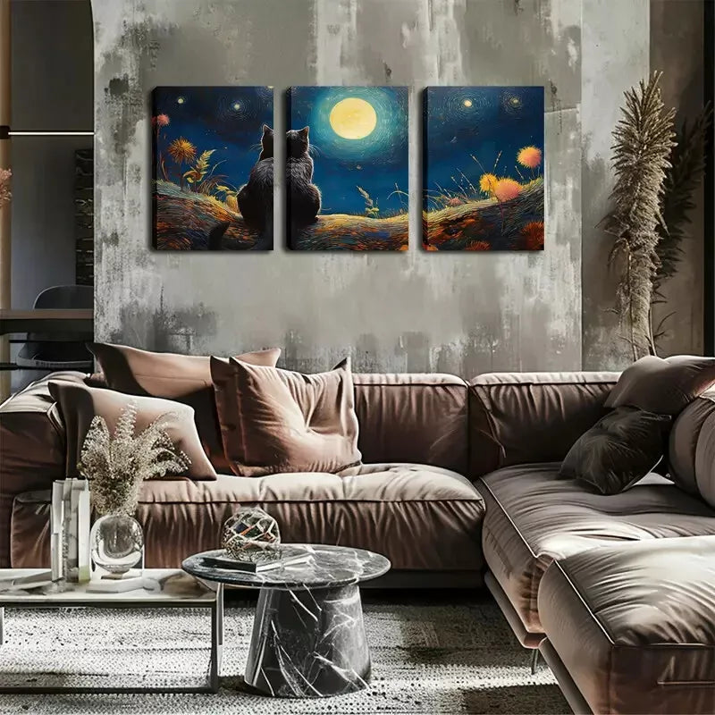 3pcs Under The Moon, A Black Cat Wall Art Set Canvas Framed 40x60cm - High Quality Print 100% Australian Made Wall Canvas Ready to Hang