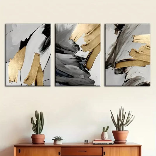 3pcs Featuring Golden Abstract Light Luxury Wall Art Set Canvas Framed 40x60cm - High Quality Print 100% Australian Made Wall Canvas Ready to Hang