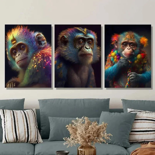 3pcs Fluorescent Monkey Animal Theme, Ink Art Metal Print Ready to Hang Art