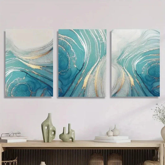 3pcs Beautiful blue light luxury abstract golden Metal Print Ready to Hang Art