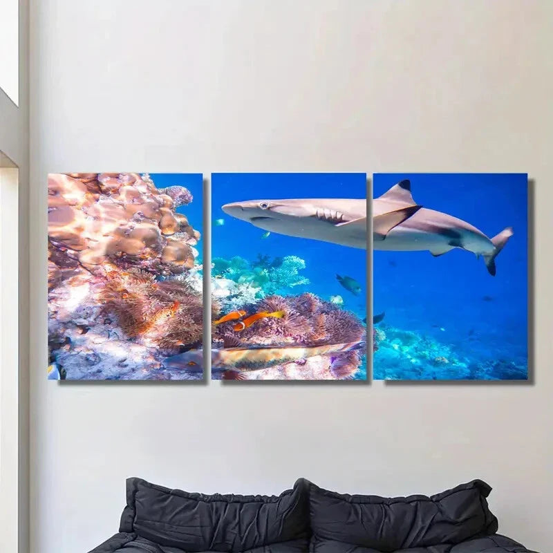 3pcs Vibrant Ocean Reef Scene with Shark Metal Print Ready to Hang Art