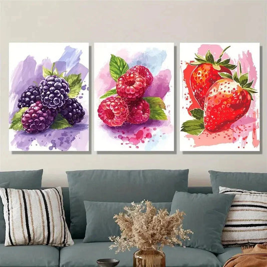 3pcs Vibrant fresh fruit art, grapes raspberries Metal Print Ready to Hang Art