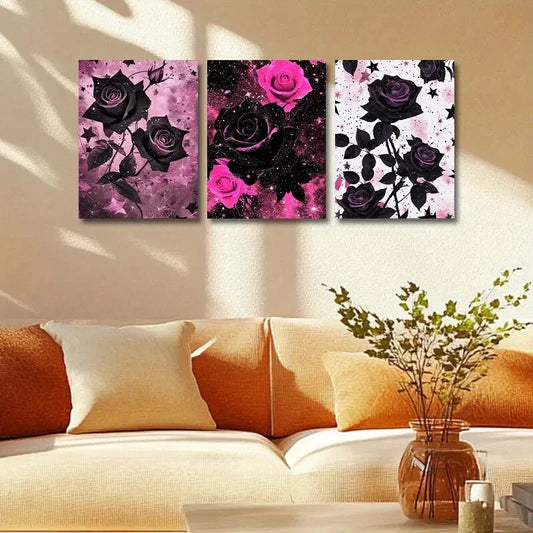 3pcs Black and Pink Roses Design Metal Print Ready to Hang Art
