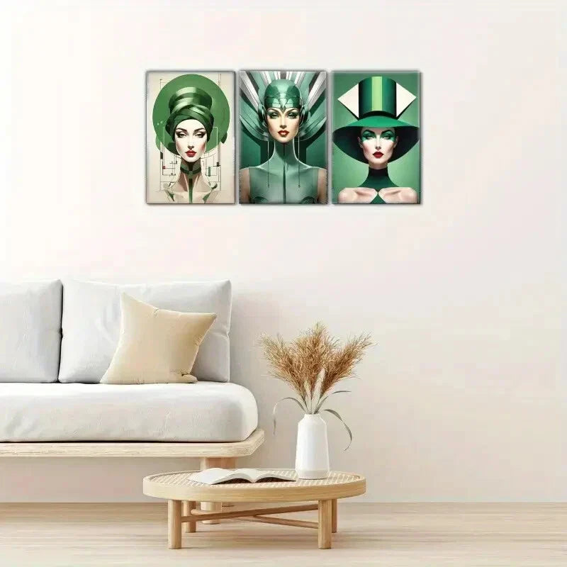 3pcs Goddess, Avantgarde Green Elegance Metal Print Ready to Hang Art