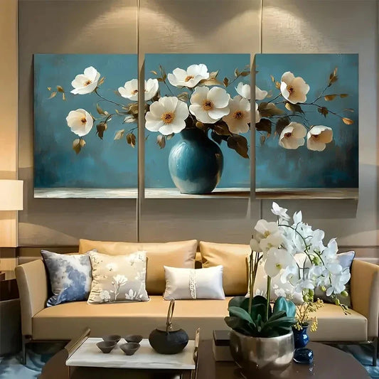 3pcs Botanical White Flowers in Vase Metal Print Ready to Hang Art