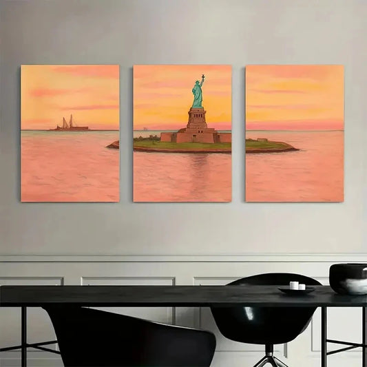 3pcs Vibrant Sunset Design The Statue of Liberty Metal Print Ready to Hang Art