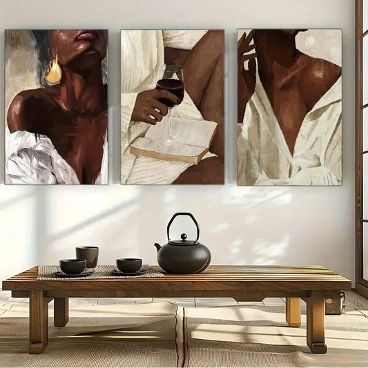 3pcs Fashion Black Light Beige Woman Art Metal Print Ready to Hang Art