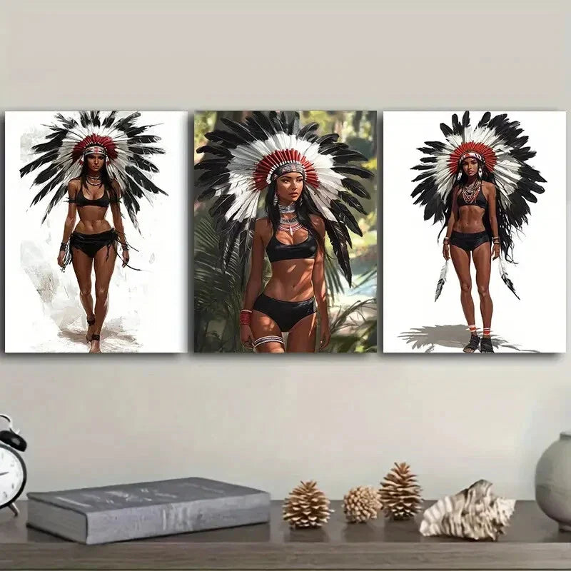 3pcs Indian Girls Wearing Feathered Headdresses Wall Art Set Canvas Framed 40x60cm - High Quality Print 100% Australian Made Wall Canvas Ready to Hang